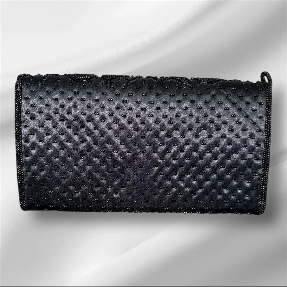 Vintage Valerie Stevens EUC Black Bead Satin Evening Bag Clutch - Picture 4 of 7